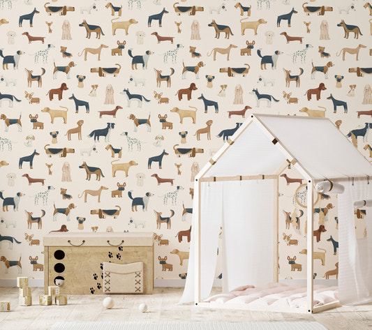 Minimalist canine illustrations on a cream wall mural for pet lovers.