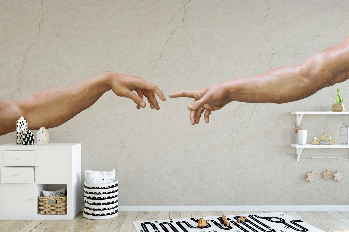 Fine art wallpaper showing symbolic touch between figures.