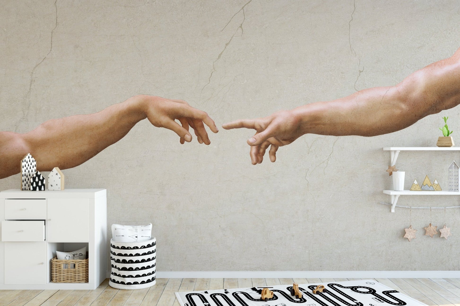 Fine art wallpaper showing symbolic touch between figures.