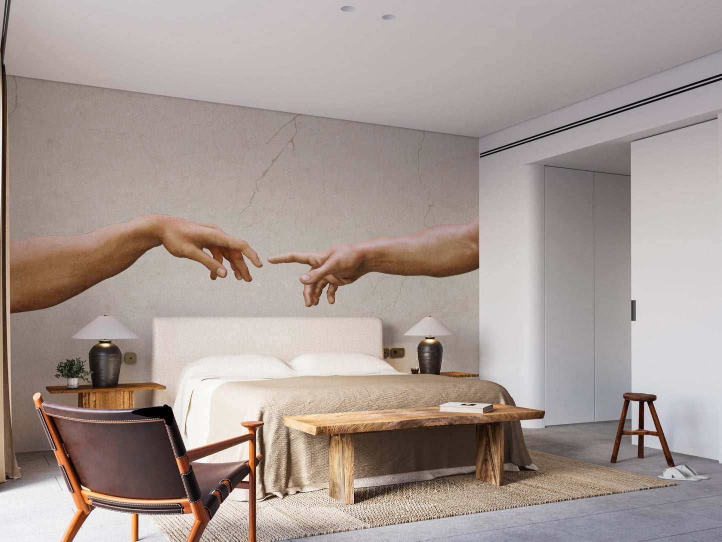 Artistic hands wall mural with soft beige background.