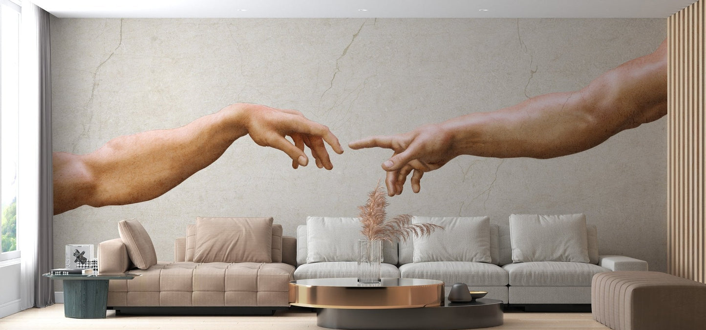 Michelangelo inspired hands wallpaper in muted color palette.