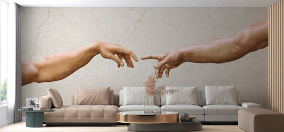 Michelangelo style adam art mural with textured beige backdrop.