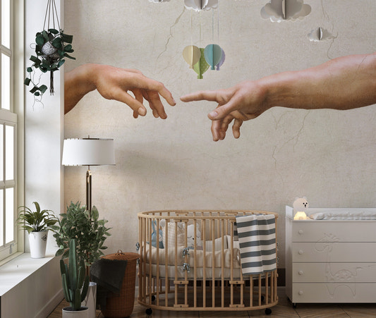 Renaissance inspired adam hands reaching wall mural in neutral tones.