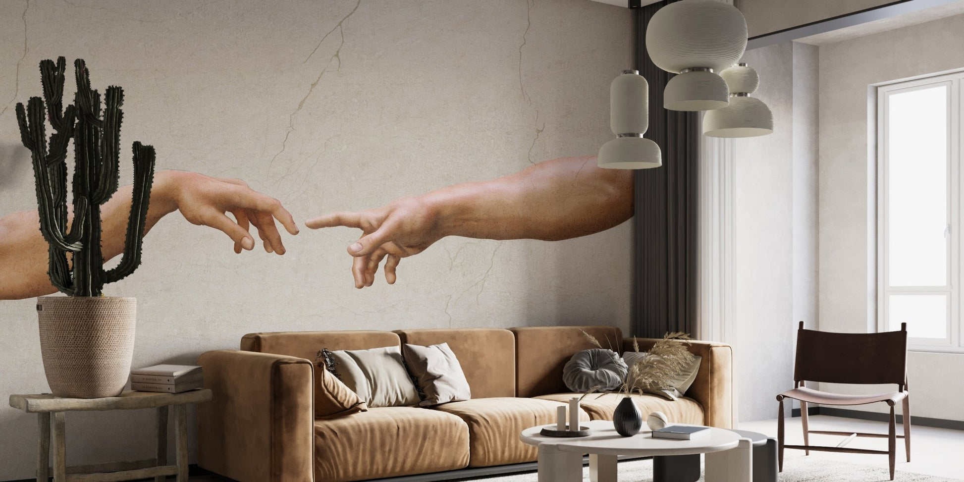 Historic art inspired wallpaper with detailed arm illustration.