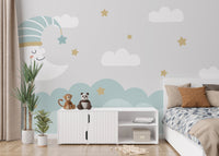 Crescent moon and clouds mural for serene and dreamy walls.
