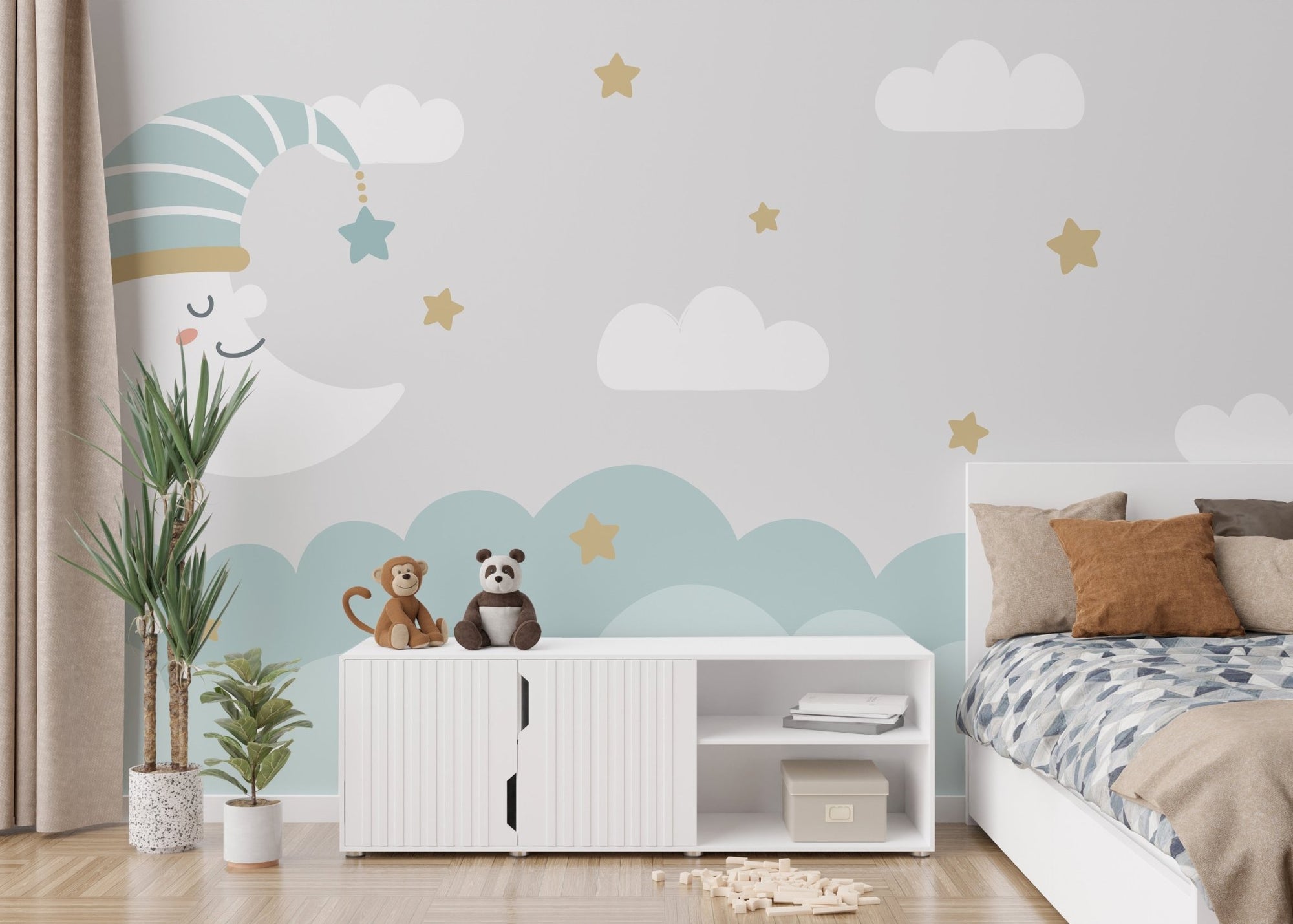 Cresent Moon and Clouds Wall Murals in a kids bedroom with white furniture.