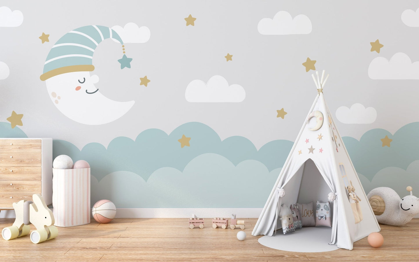 Elegant crescent moon and cloud mural for serene interiors.
