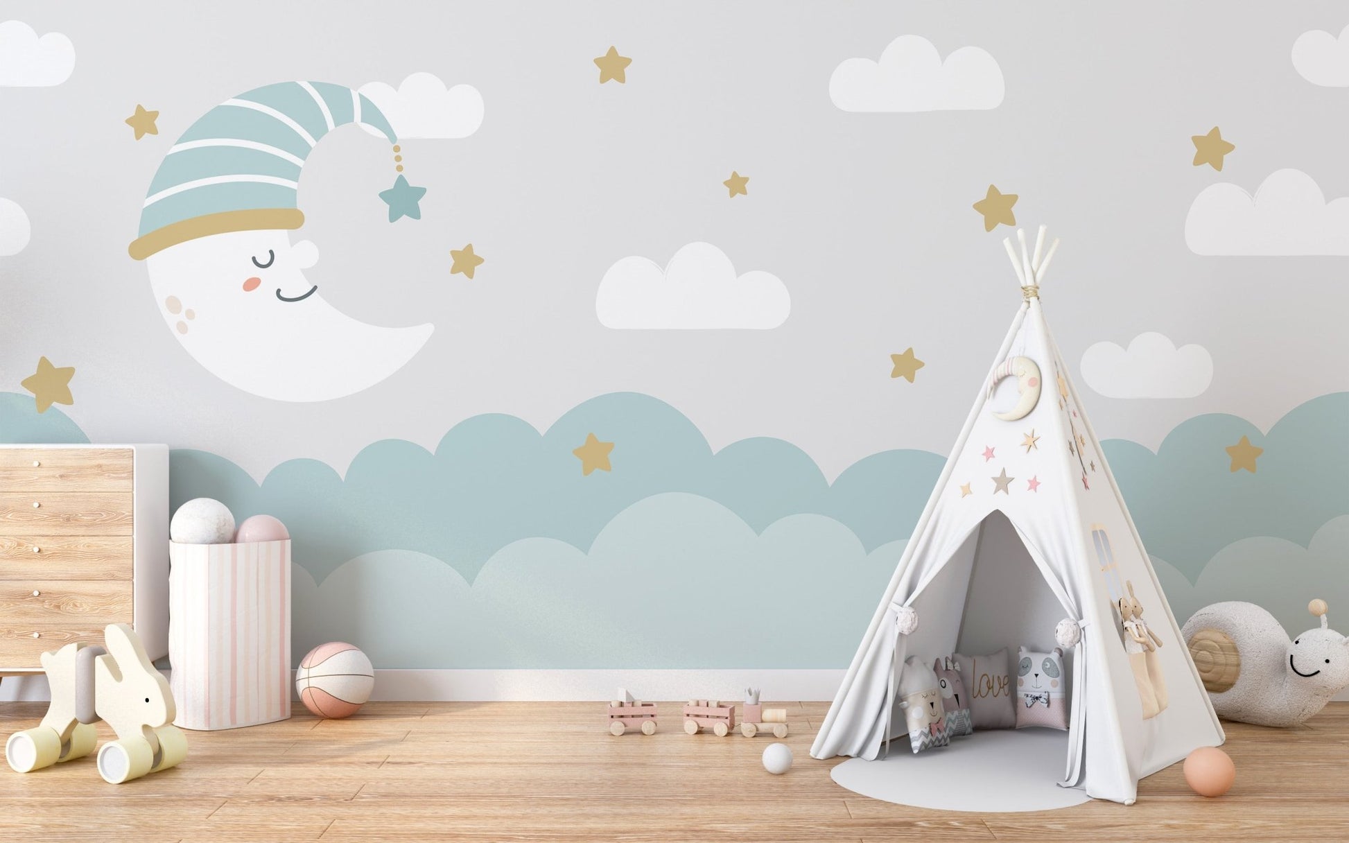 Elegant crescent moon and cloud mural for serene interiors.
