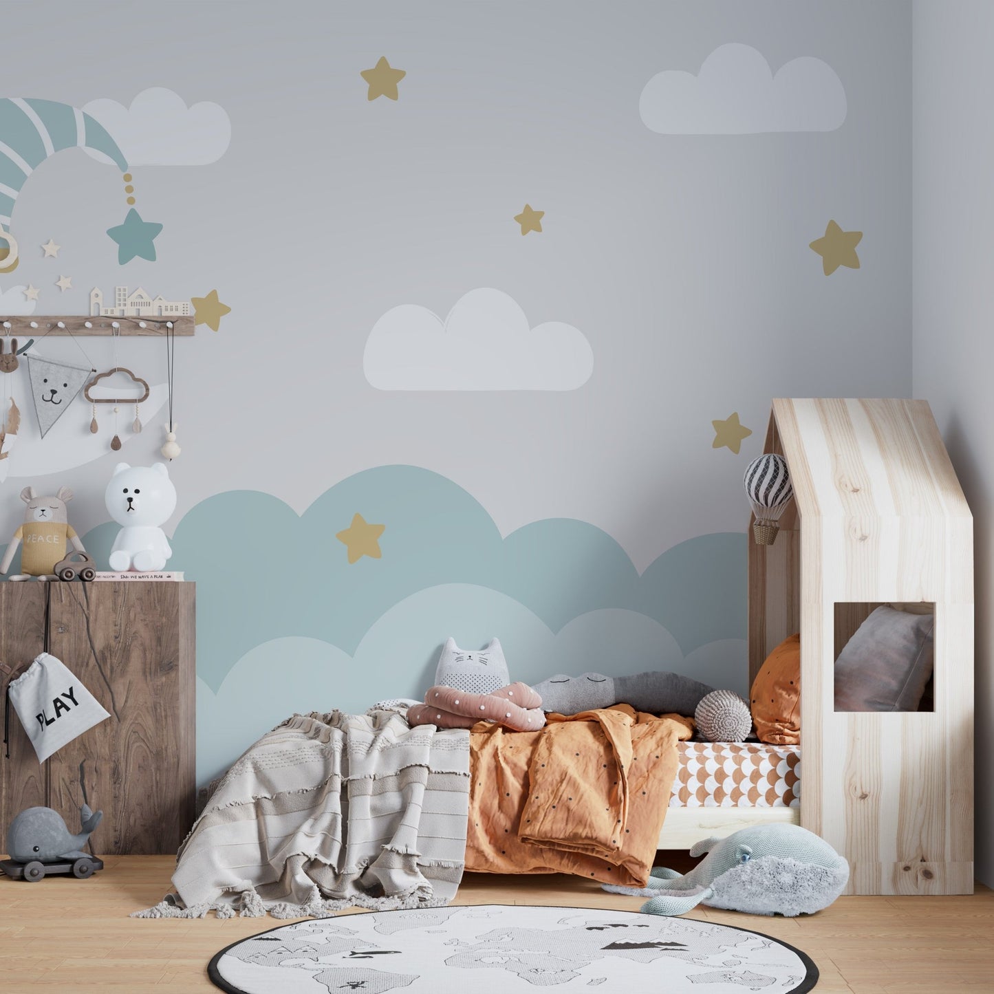 Tranquil crescent moon and cloud mural for peaceful spaces.



