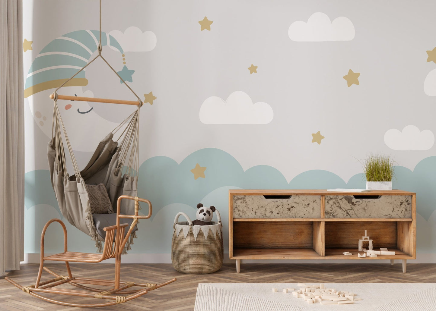 Crescent moon and fluffy clouds mural for relaxing wall decor.
