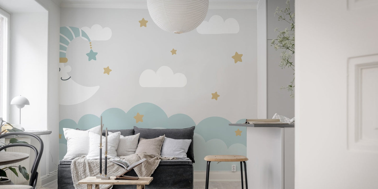 Dreamy mural with crescent moon and clouds for tranquil decor.
