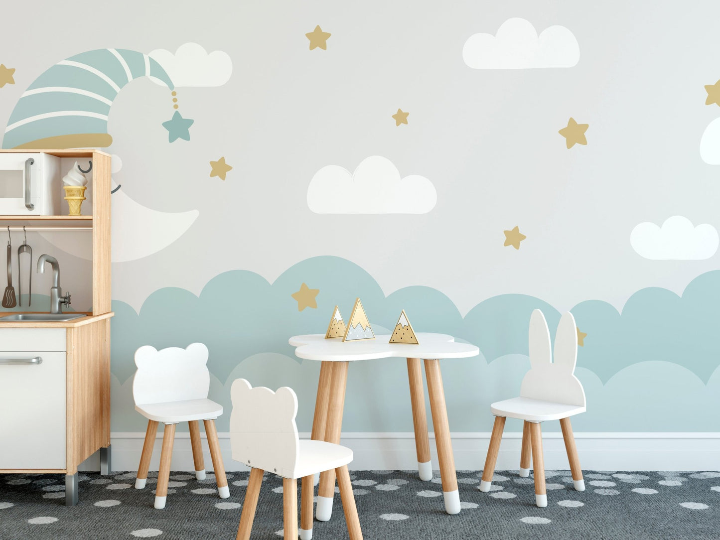 Soft crescent moon and clouds mural for a calming ambiance.
