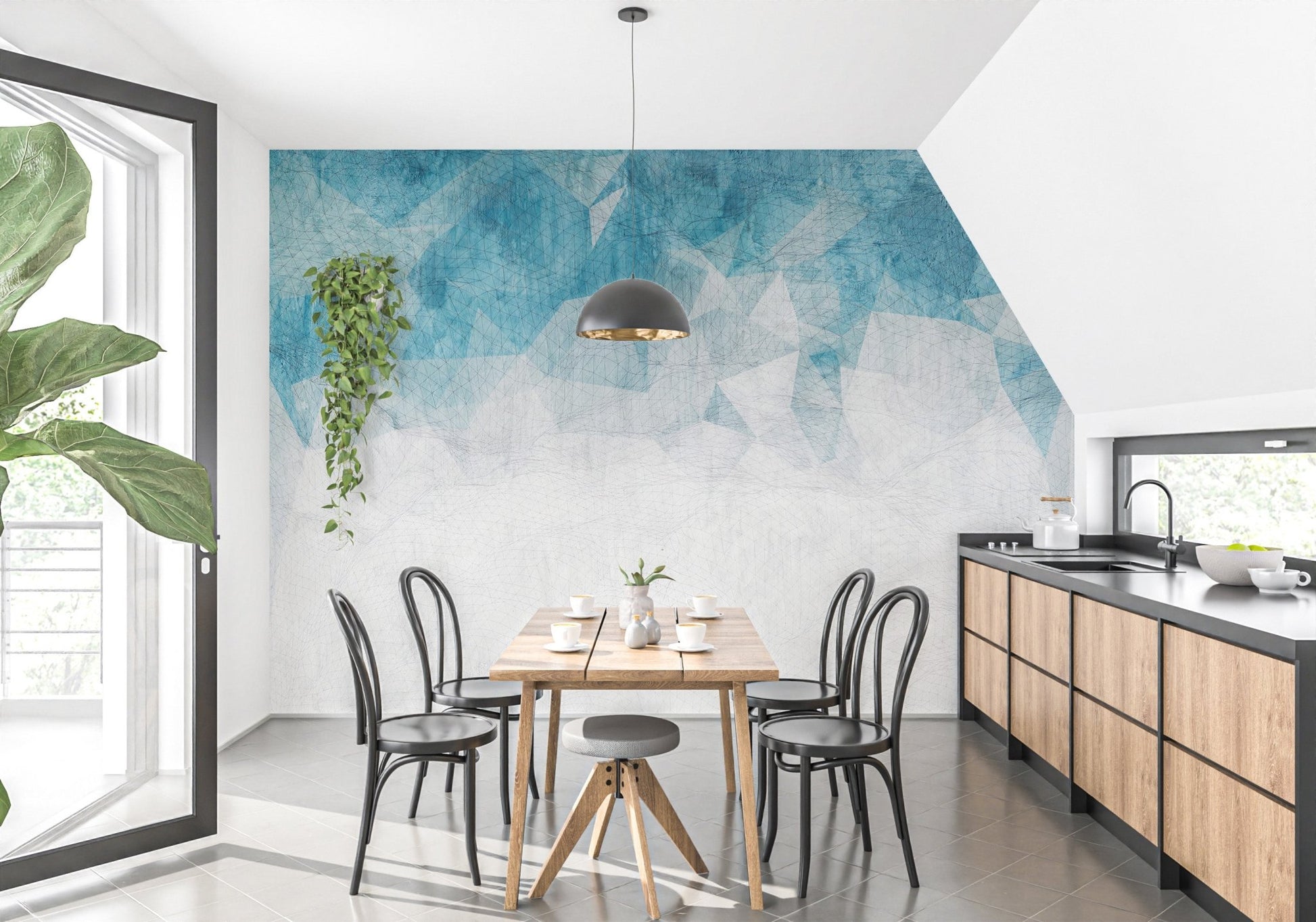 Modern dining room wall mural featuring large blue geometric shapes.