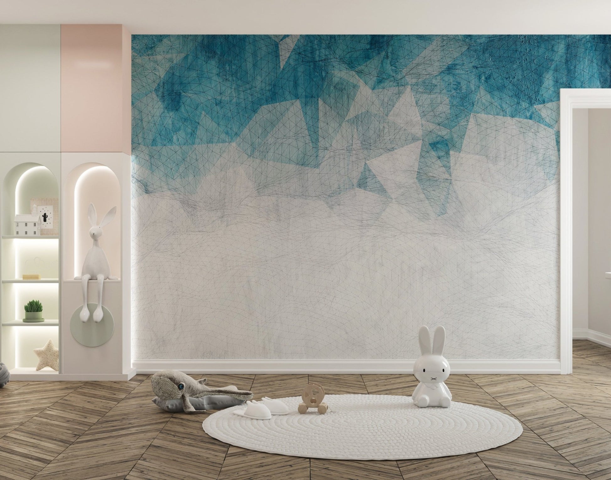 Kids room wall mural in light blue and white abstract style.