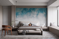Aged light blue texture wall mural in master bedroom.