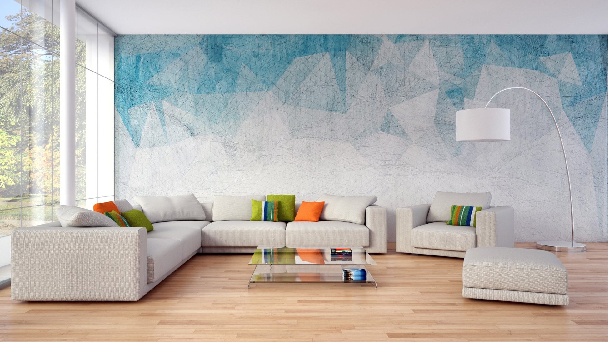 Living room showing distressed crumbled color wall mural.