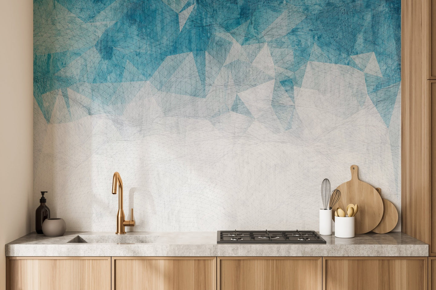 Crumbled blue texture wall mural in kitchen backdrop.