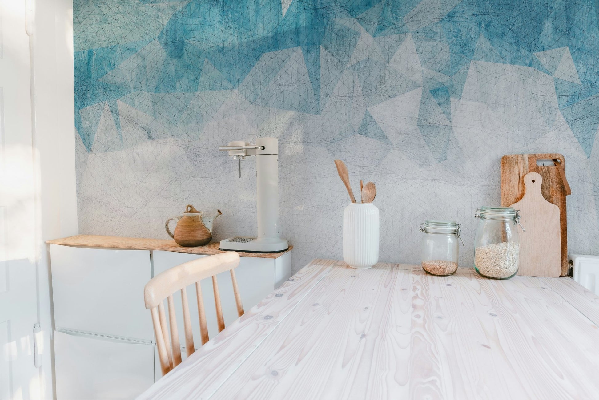 Rustic crumbled blue wall mural in kitchen dining room.