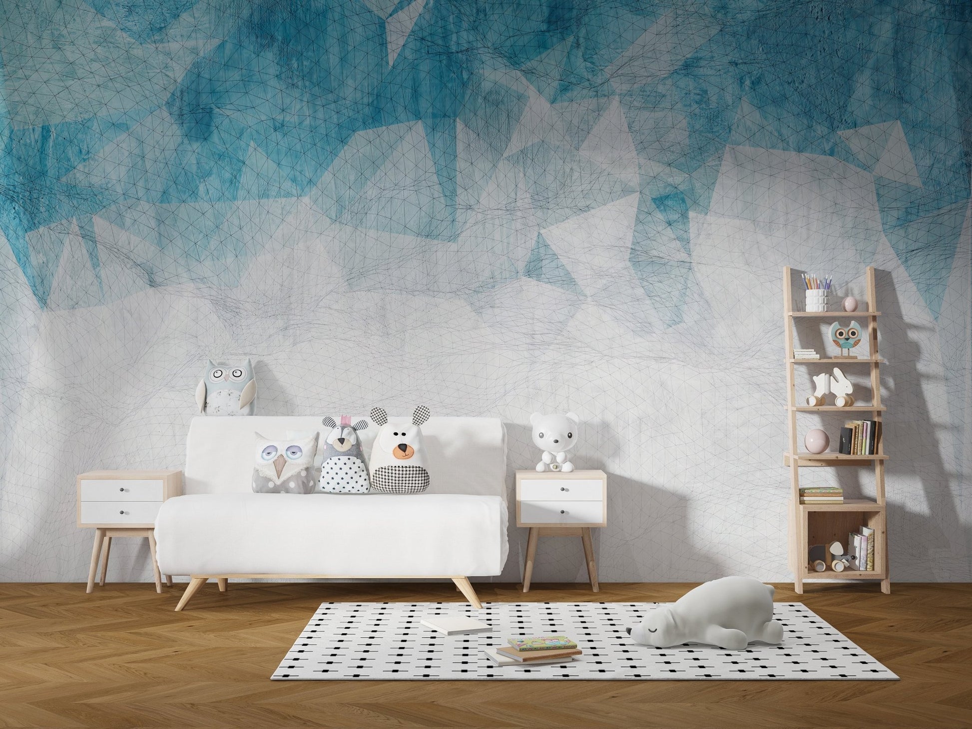 Faux cracked blue wall mural in nursery room.