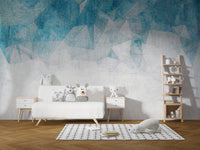 Faux cracked blue wall mural in nursery room.