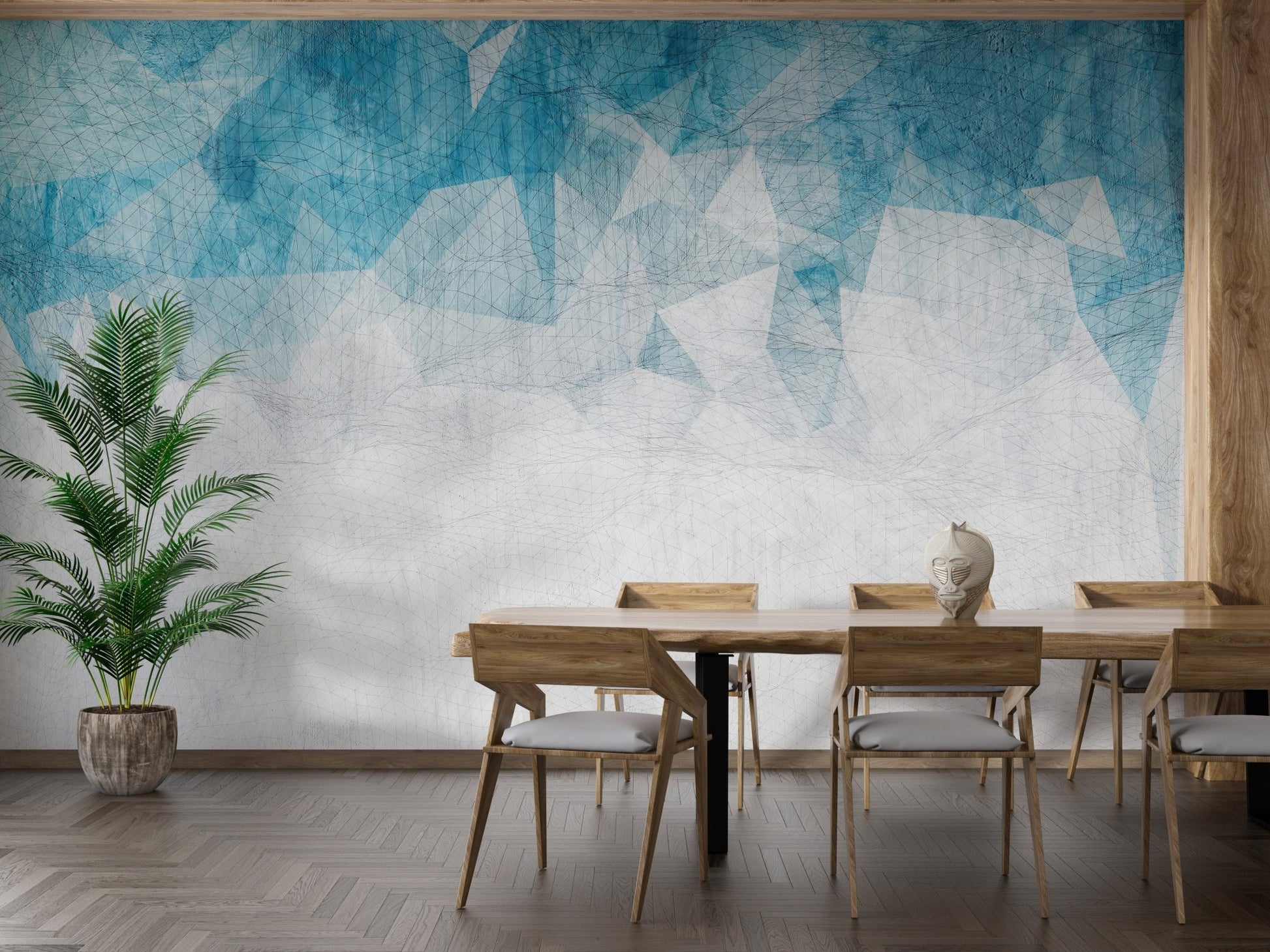 Textured teal crumbled mural in modern dining room.