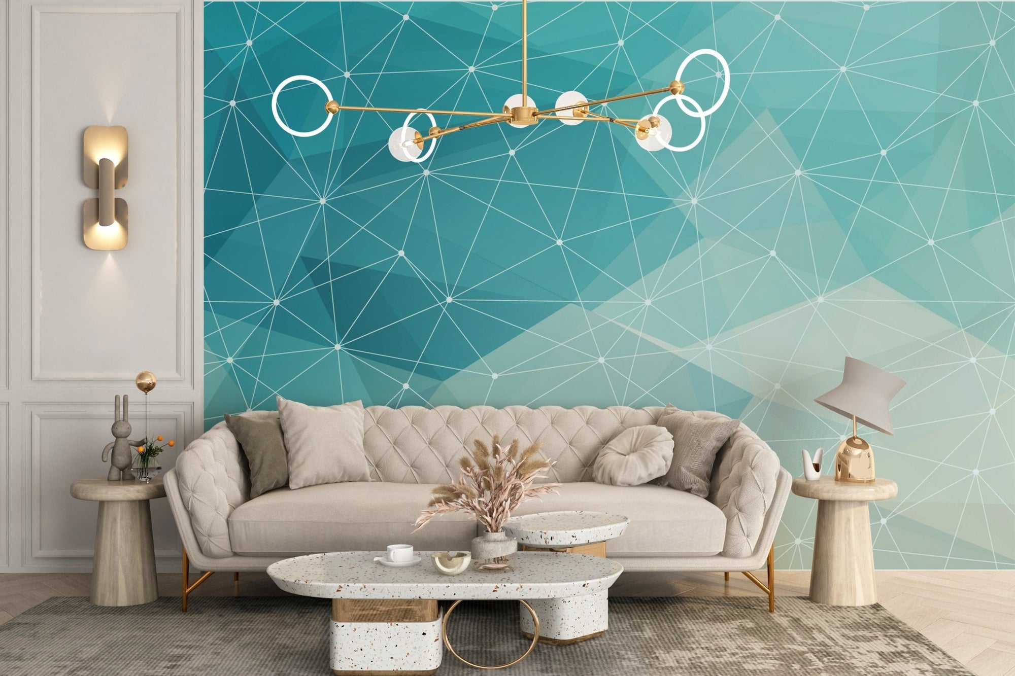 Crystal Geometric Pattern Wall Murals in a modern living room with a beige sofa.