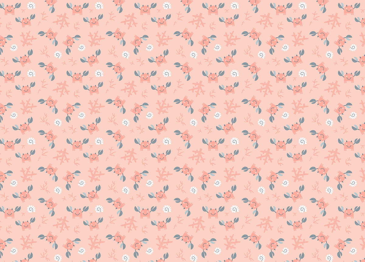 Cute Crab Sea Shells Pink Pastel Color Kids Room Wallpaper