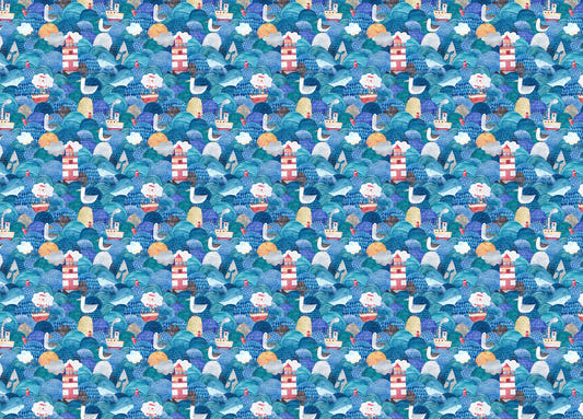 Cute Watercolor Ships and Lighthouse Waves Blue Wallpaper
