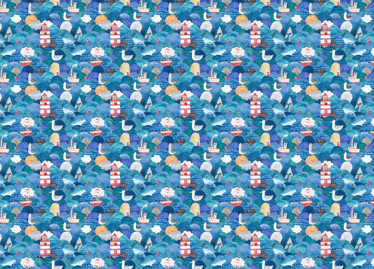 Cute Watercolor Ships and Lighthouse Waves Blue Wallpaper in your room