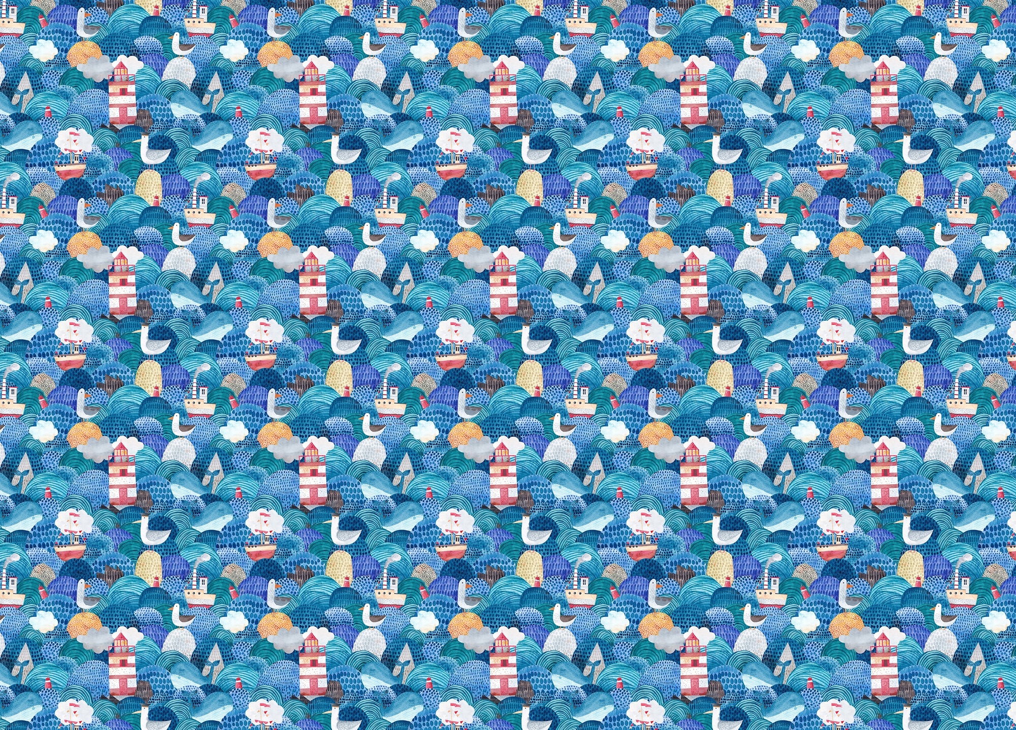 Cute Watercolor Ships and Lighthouse Waves Blue Wallpaper