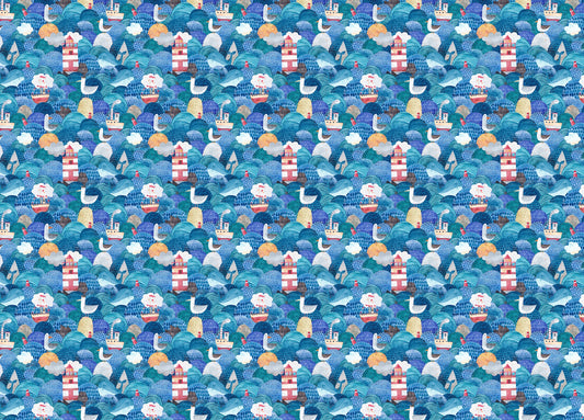 Cute Watercolor Ships and Lighthouse Waves Blue Wallpaper