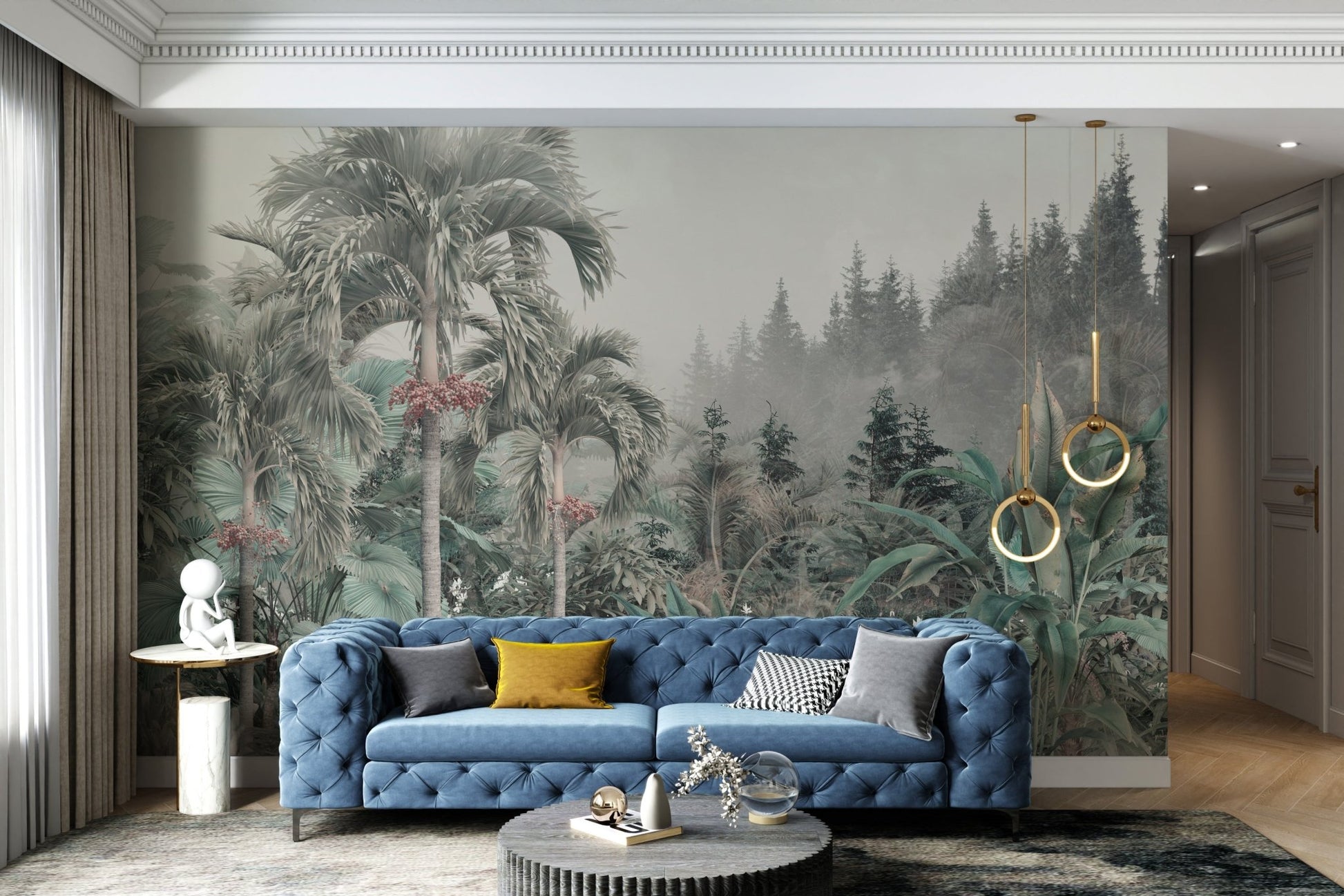 Large scale tropical forest wall mural with a misty background in living area.