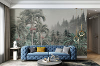 Large scale tropical forest wall mural with a misty background in living area.