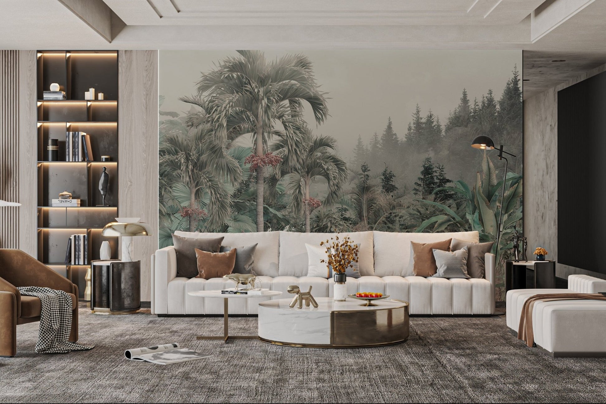 Tropical foggy forest wall mural with green palm trees and red seeds.
