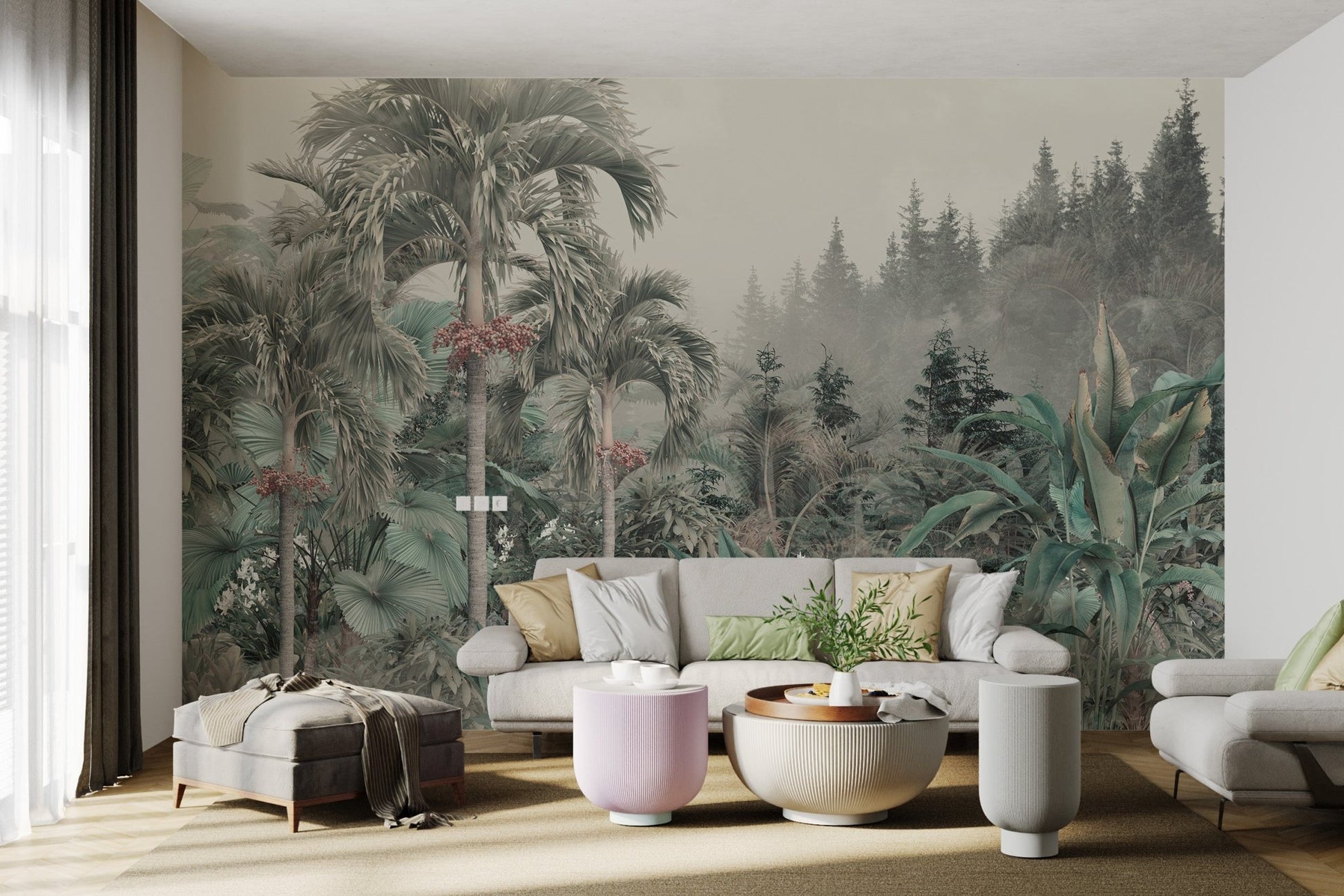 Grey toned foggy jungle wall mural with red seed in bright living room.