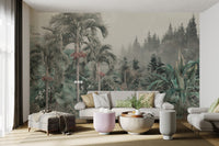 Grey toned foggy jungle wall mural with red seed in bright living room.