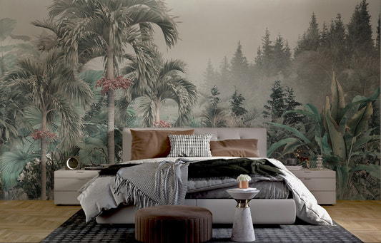 Cuban Royal Palm Red Seeds Tropical Foggy Forest mural in a bedroom.