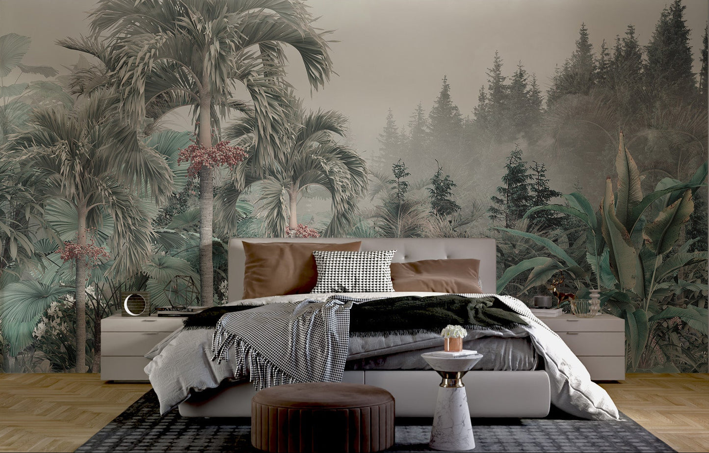 Cuban Royal Palm Red Seeds Tropical Foggy Forest mural in a bedroom.
