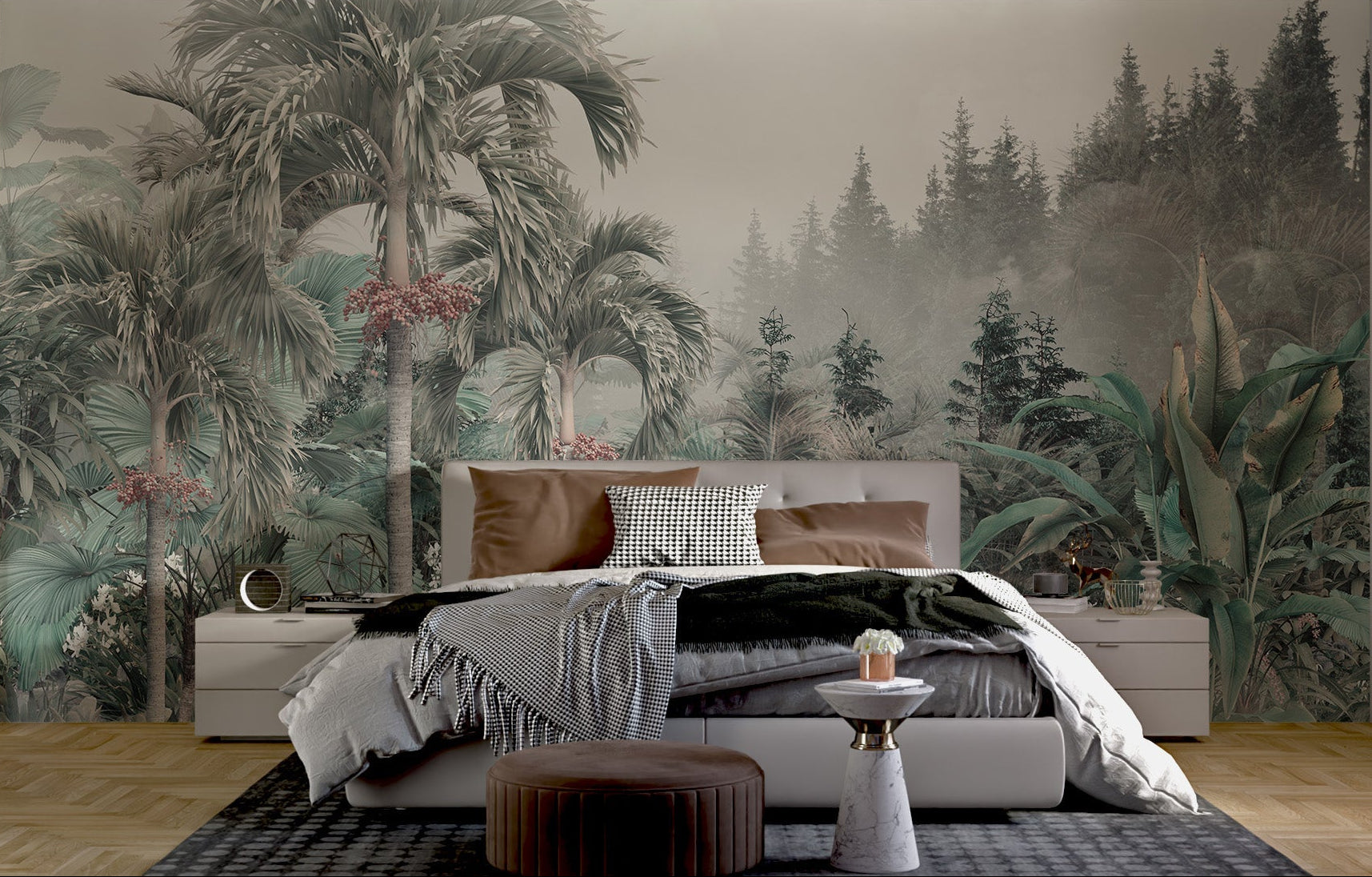 Cuban Royal Palm Red Seeds Tropical Foggy Forest mural in a bedroom.