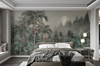 Muted green and grey tropical landscape wall mural for bedroom.