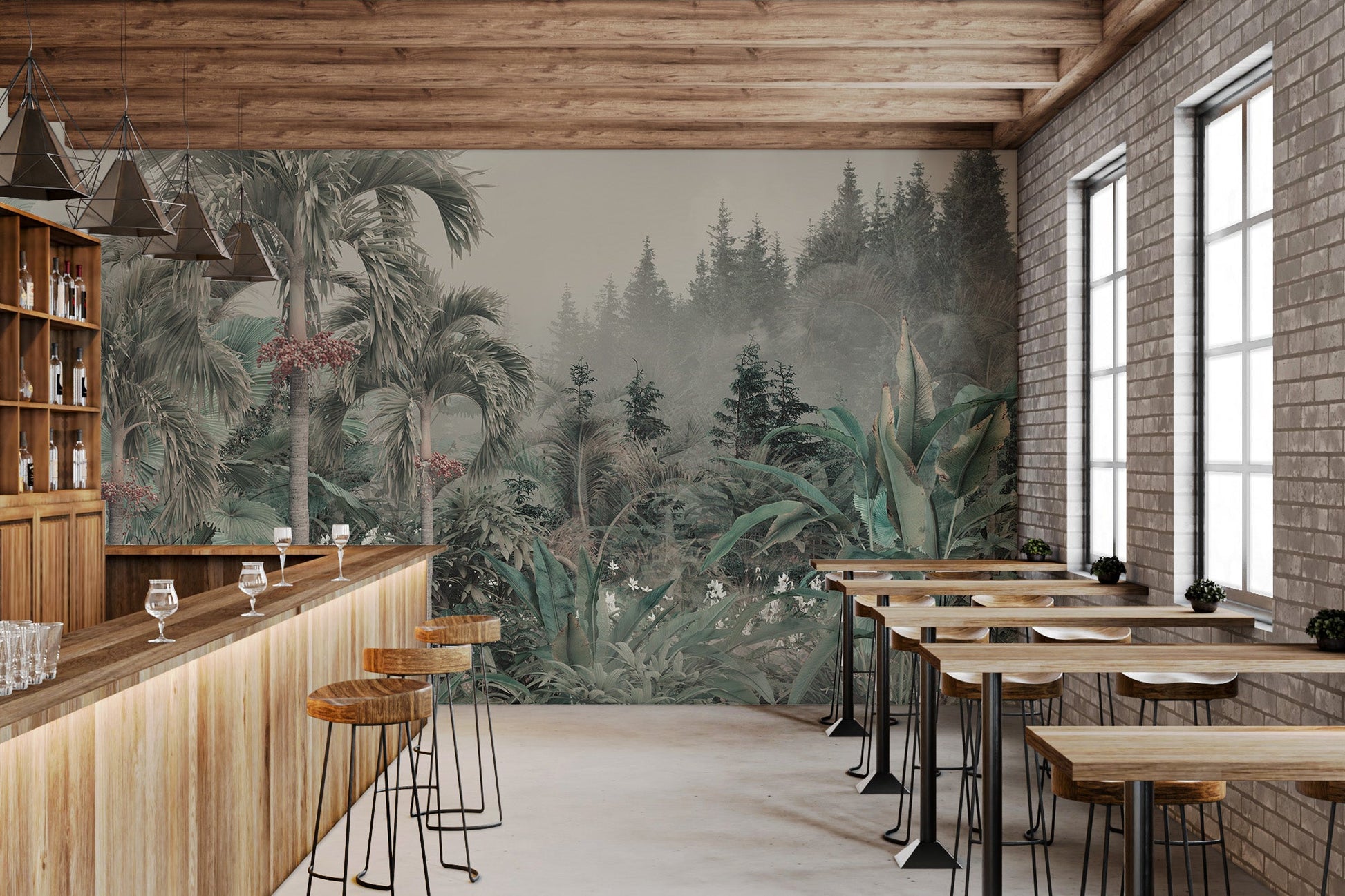 Muted green Cuban royal palm wall mural for a modern cafe area.