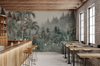 Muted green Cuban royal palm wall mural for a modern cafe area.