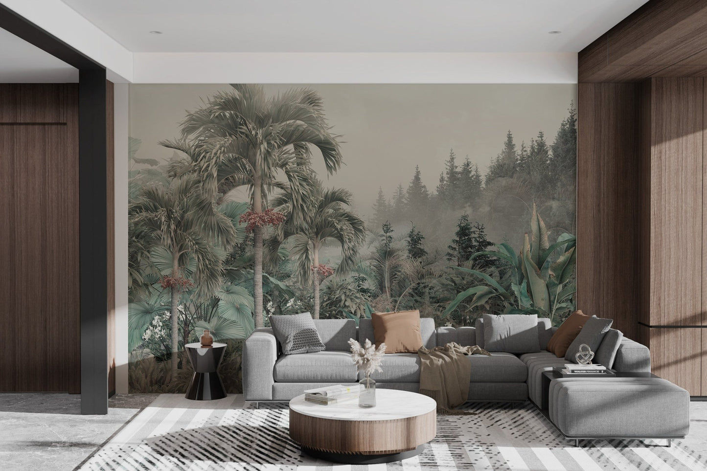 Misty tropical forest wall mural featuring tall palms and greenery in living room.