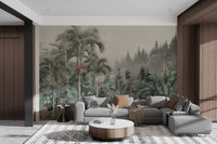 Misty tropical forest wall mural featuring tall palms and greenery in living room.