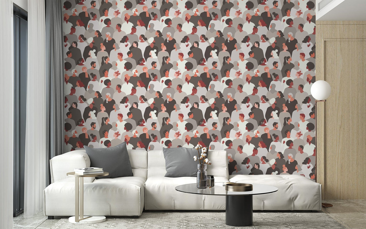 Cultural melange mosaic wallpaper layered figure illustration mural.
