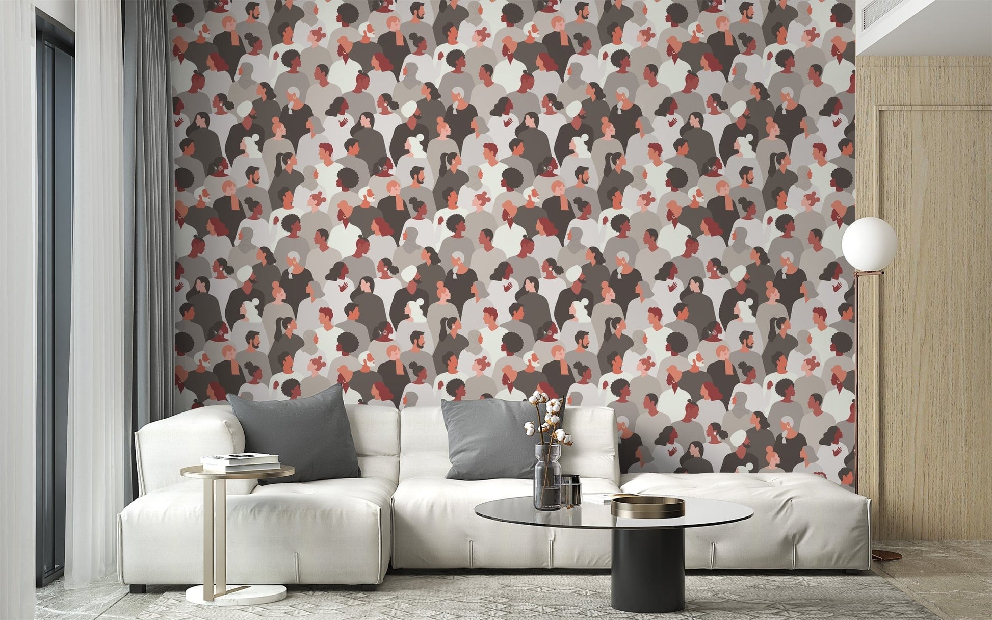 Cultural melange mosaic wallpaper layered figure illustration mural.