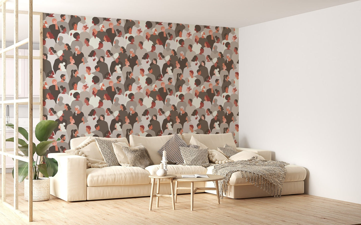 Modern cultural collage wallpaper with neutral palette.