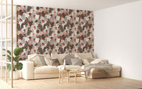 Modern cultural collage wallpaper with neutral palette.