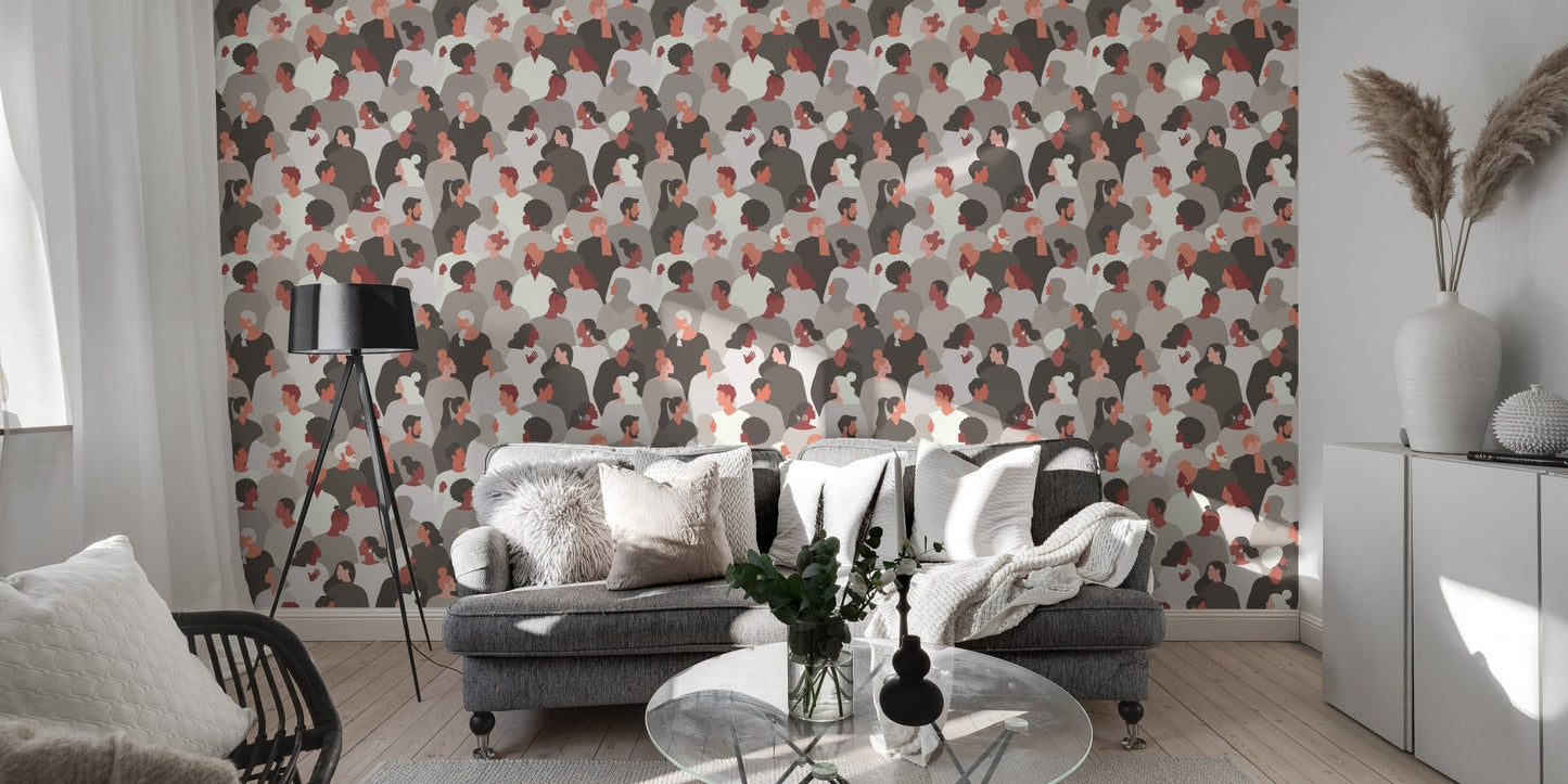 Social melange mosaic theme wallpaper detailed illustrated figures.