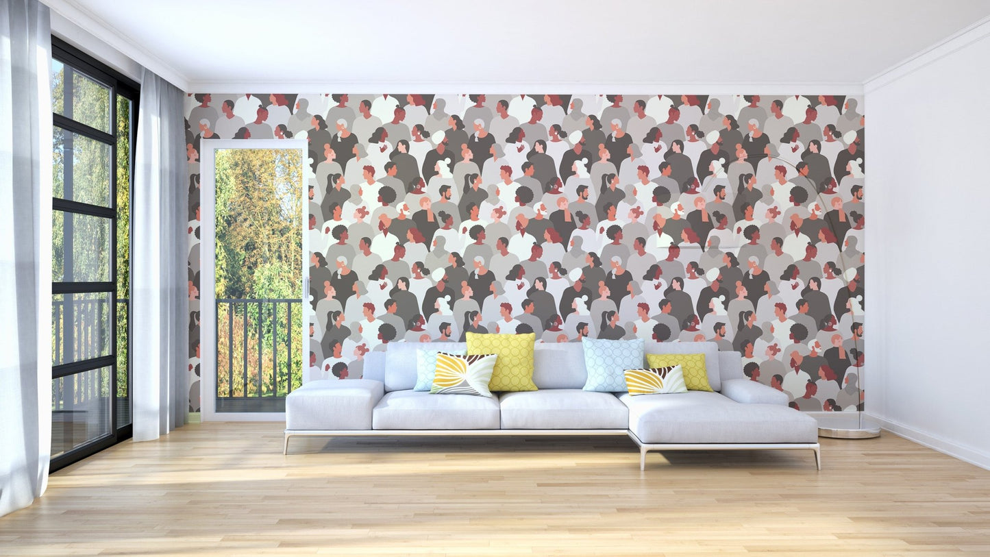 Abstract people pattern wallpaper in earthy color mosaic style.